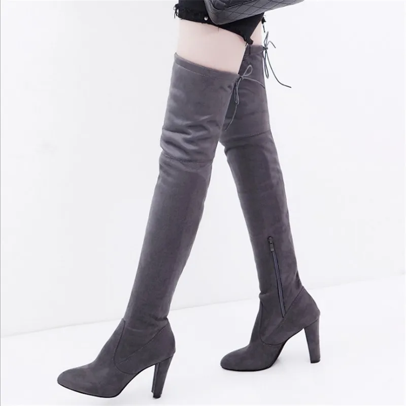 

Plus Size Fashion Female Winter Thigh High Boots Faux Suede Leather Solid High Heels Women Over The Knee Shoes Plus Size 34-43