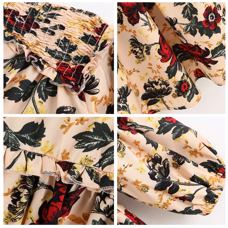 ROHOPO красное Цветочное платье с длинным рукавом цвета хаки принтом миди баской