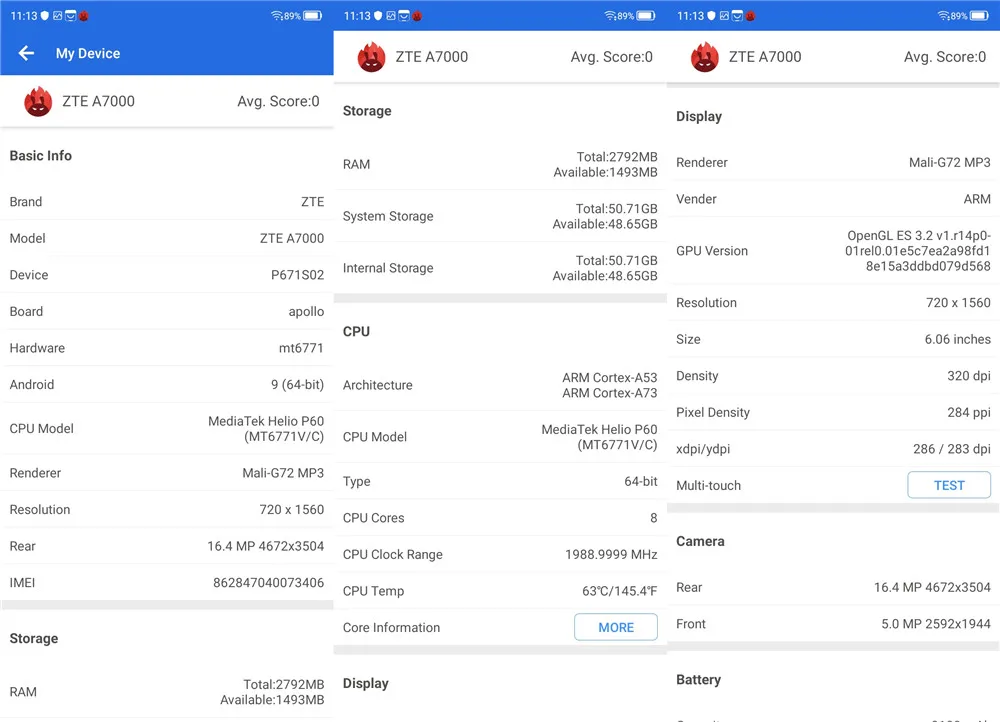 Мобильный телефон zte Blade A7 4G LTE Helio P60 Android 9,0 6,0" ips 1560x720 3 Гб ram 64 Гб rom 16.0MP Face ID