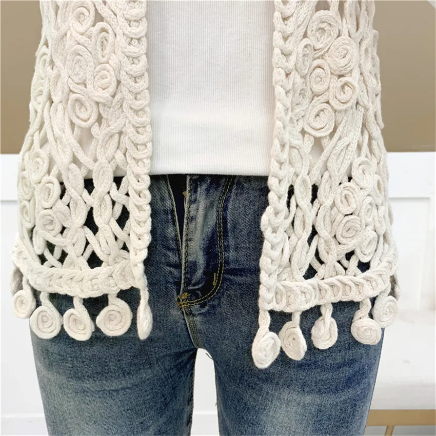 

Bohemian Hollow Out Crochet Vest Women Sleeveless Waistcoat Summer Knit Vests Open Stitch Cardigan Mujer With Tassel