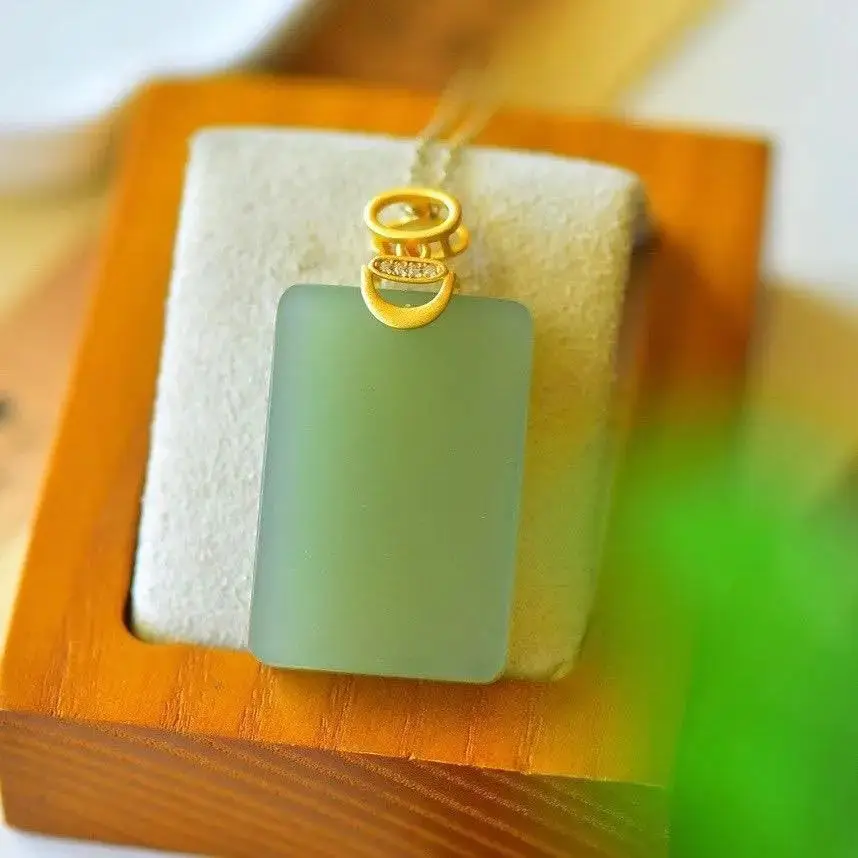 

Natural Hetian Jasper geometric Tag Necklace Chinese retro unique ancient gold craft Bohemian charm women's silver jewelry