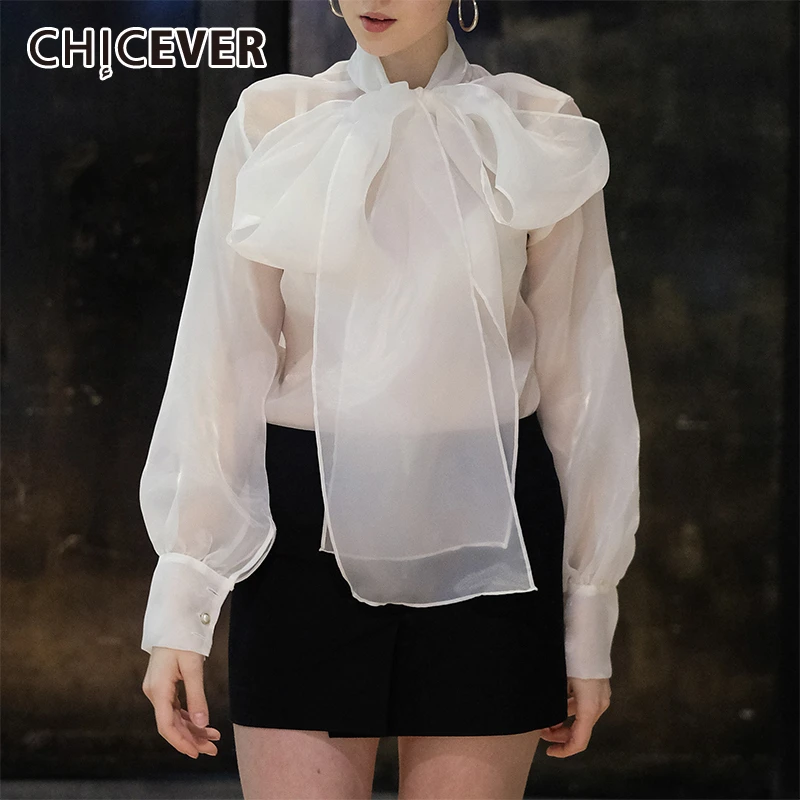 CHICEVER летняя элегантная белая сетчатая перспективная женская блузка с бантом и