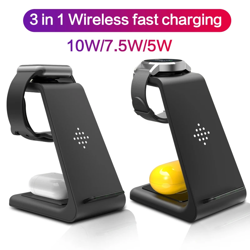 

3 in 1 Qi 10W Fast Wireless Charger for iphone Samsung Phone Holder for iWatch 5 for Airpods Galaxy Buds Gear S4 S3 Dock Charger