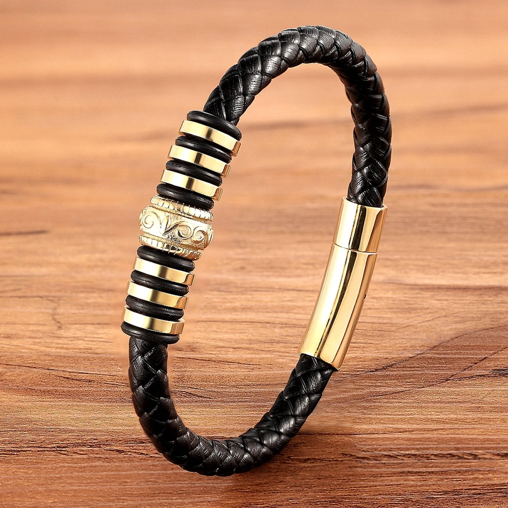 

Luxury Round Accessories Combination Men's Stainless Steel Leather Bracelet Gold Steel DIY Carved Logo Christmas Gift