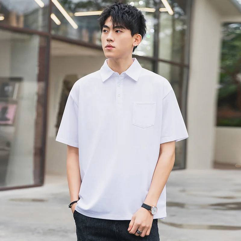 

Summer men's short sleeve T-shirt loose lead pocket Polo Shirt Youth Student loose solid color T-shirt