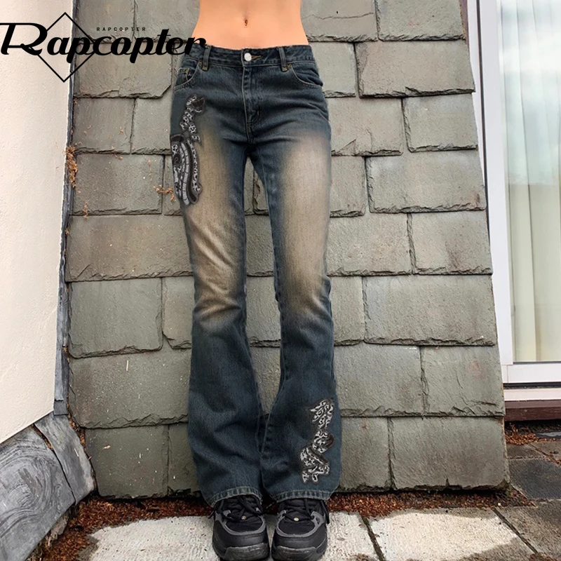 

Rapcopter y2k Printed Jeans Grunge Fairycore Embroidery Retro Cute Low Waisted Pants Pockets Korean Flare Trousers Women 90s New