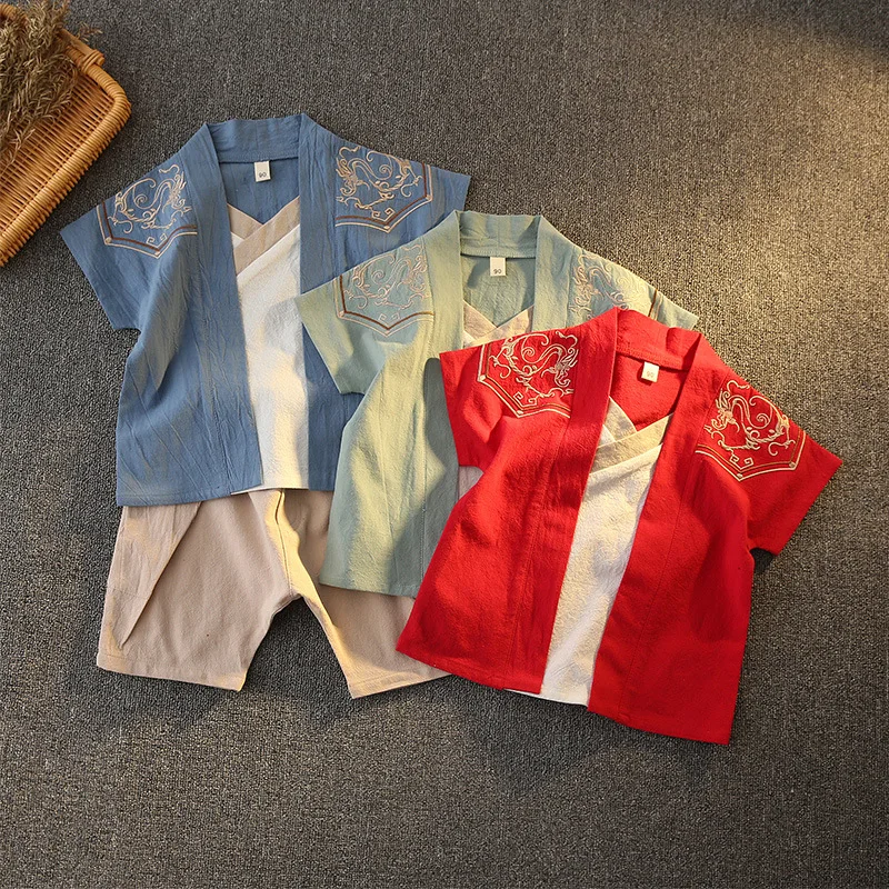 

Chinese Traditional Outfit For Boys Hanfu Cosplay Confucius Institute Uniform Kung Fu Short Sleeves Cotton Linen Summer Spring
