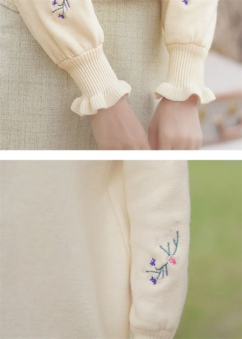 

WinterKoreanStyleSweatSweaterWomenWarmLongSleeveFlowerEmbroideryKnitwearOfficeLadyHalfTurtleneckCasualBottoming