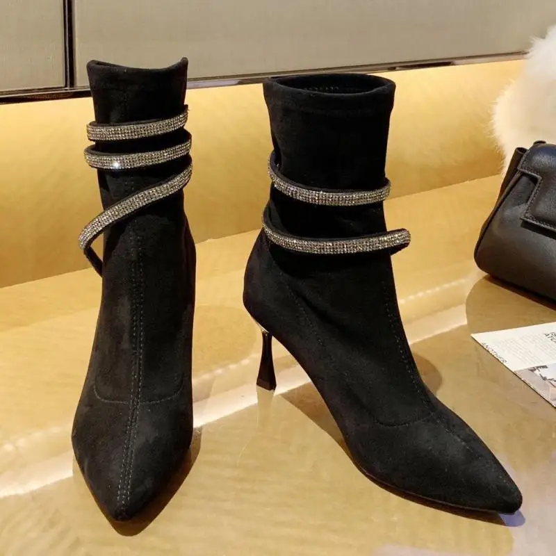

Ankle Boots Women Boots Women Shoes Woman Fashion High-heeled Pointed Flock Boots Autumn New Rhinestone Short Boots Drop Ship