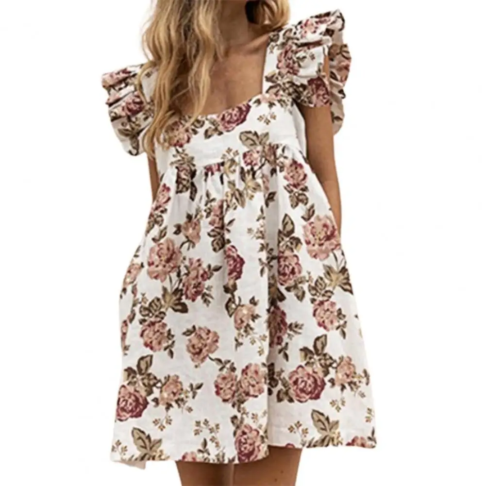 

Women Square Neck Mini Dresses Ruffle Sleeve Patchwork Color Floral Print Large Hem Pockets Loose Sweet Ladies Clothing Vestidos