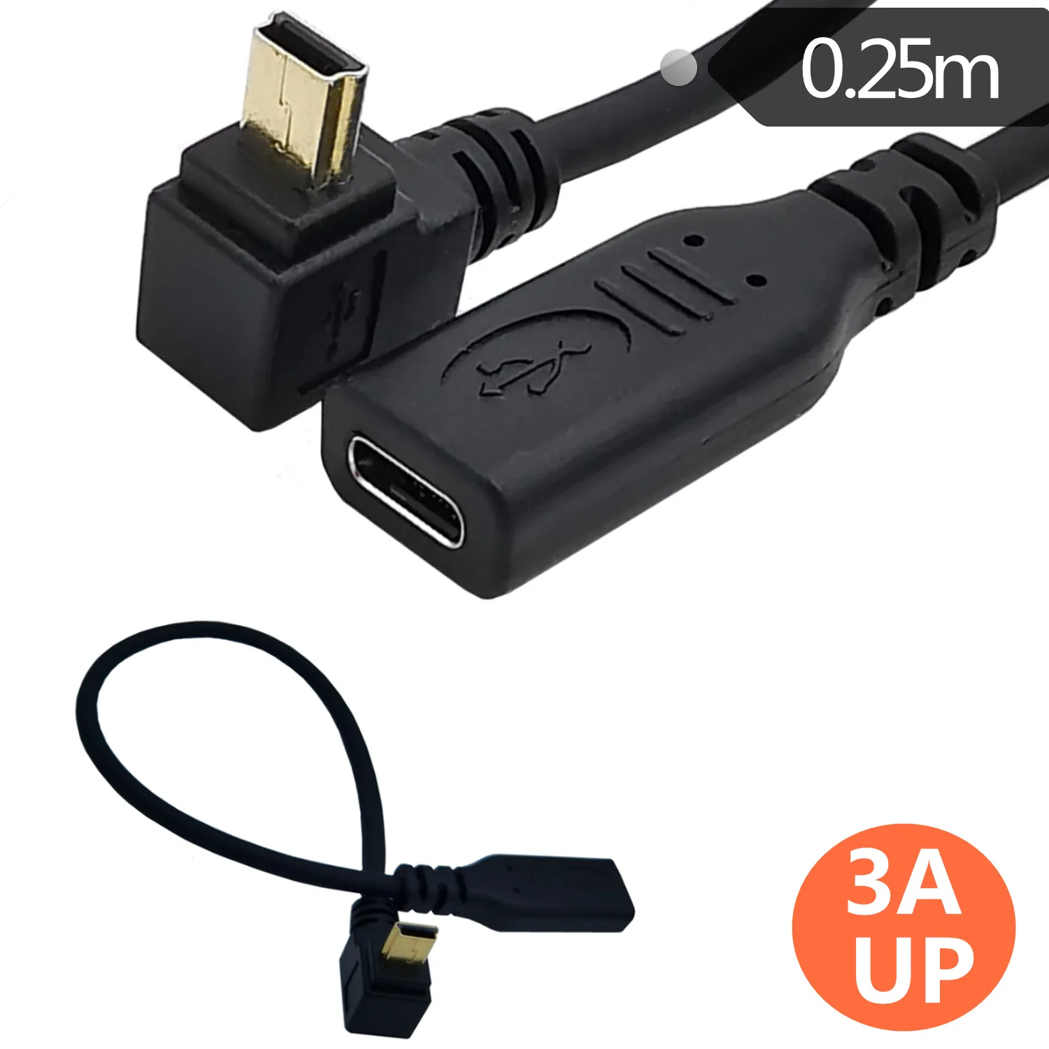 Золотая позолотой кабель USB-C Type C на Mini USB вверх вниз влево вправо 90 градусов 0,25 м женский мужской.
