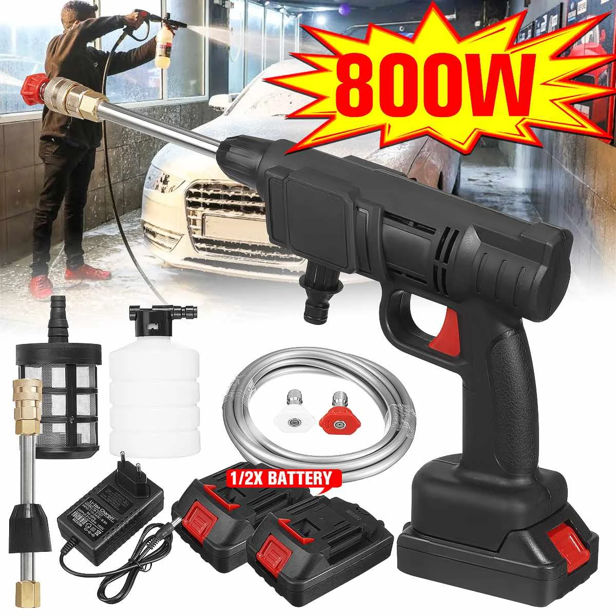 

800W 88VF High Pressure Washer Gun Wireless Car Washer Water Sprayer For Outdoor Electric Car Washer Foam Gun With 1/2 Batterys