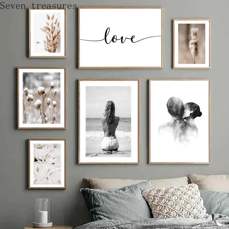 

Nordic Romantic Love Reed Grass Flower Beach Wall Art Print Canvas Painting Pictures For Couples Lovers Room Decor Poster