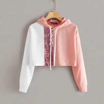 Sequined Patchwork Hoodie Women Splicing Color Cropped Hoodie Long Sleeve Short Hooded Sweatshirt Polerones Mujer Women Hoodies 1