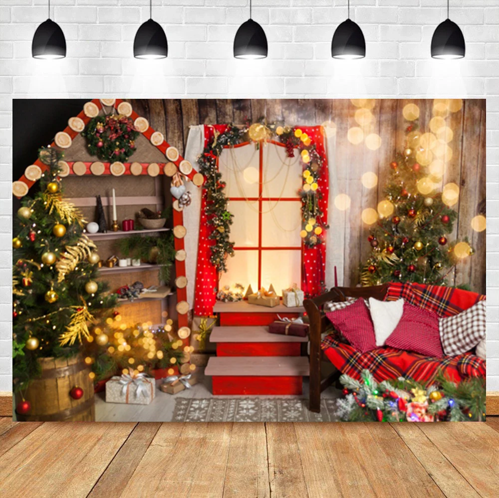 

Laeacco Christmas Tree Wooden House Light Bokeh Gift Newborn Birthday Photo Photography Background Backdrop For Photo Studio