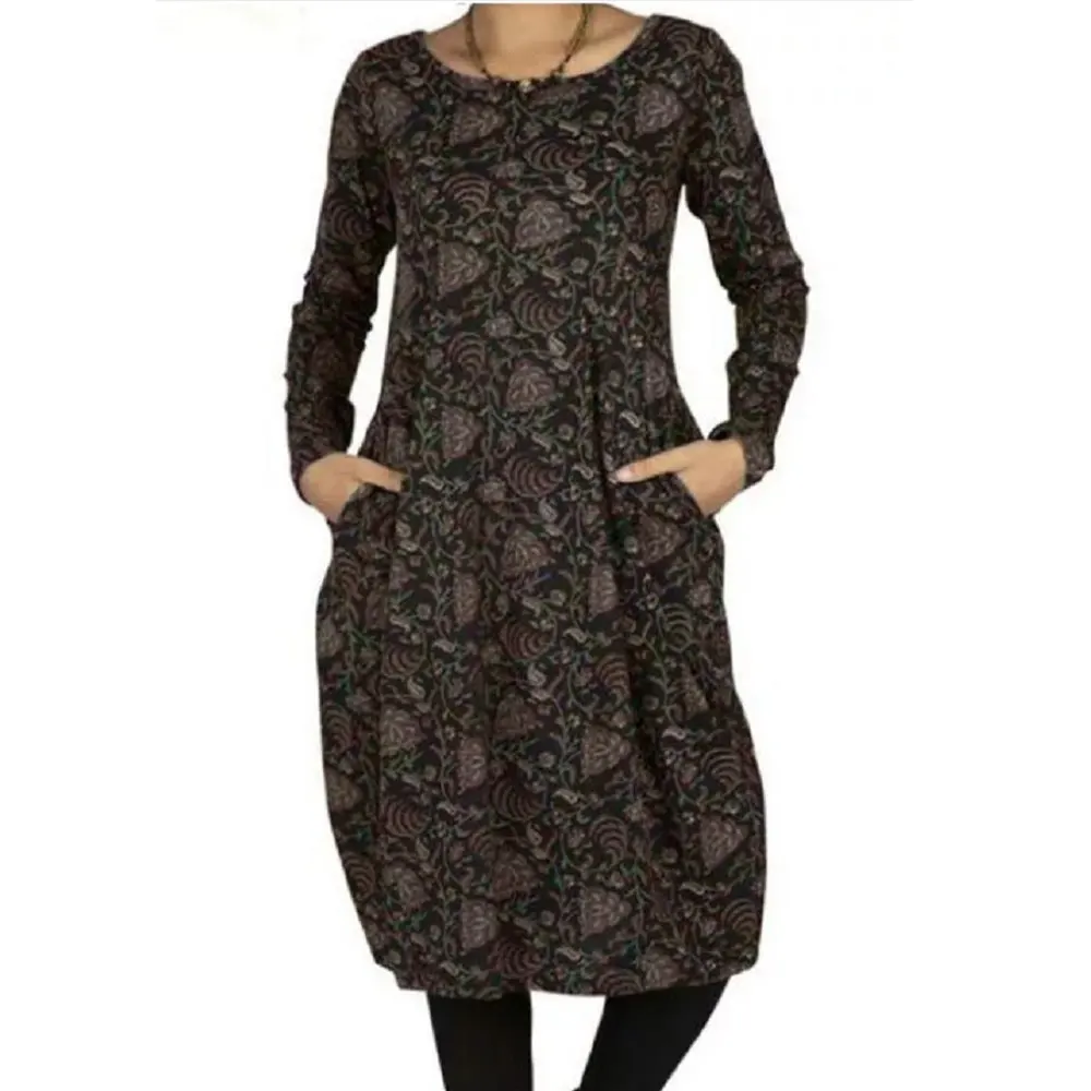 

Vintage Dress Women Printed Long Sleeve Loose Dress Knee-Length Lantern Dress Women Casual Vestidos with Pocket Women Clothing