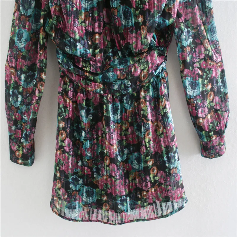 

2020 Za Floral Metallic Thread Mini Dress Women Vintage Long Sleeve High Collar Dresses Woman Fashion Pleated Lining Party Dress