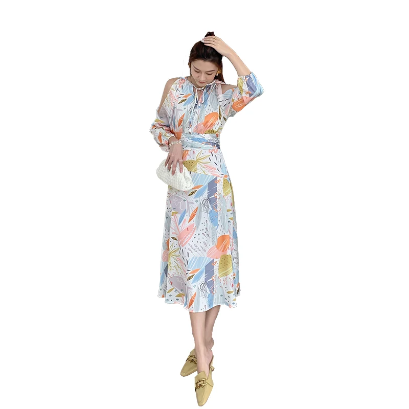 

Dress female temperament of new autumn han edition fashion show thin waist receive printed chiffon skirt fairy