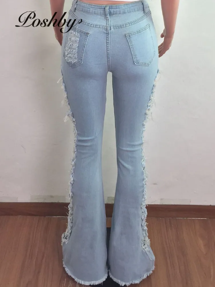 

Poshby 2021 Summer Jeans Sexy High Waist Ripped Elastic Bodycon Full Length Flare Pants Fashion Women High Street Denim Clubwear