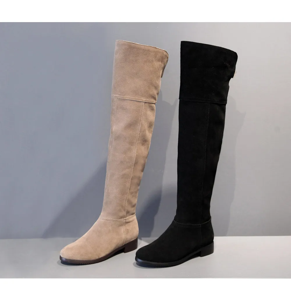 Сапоги выше колена из натуральной кожи с круглым носком на квадратном