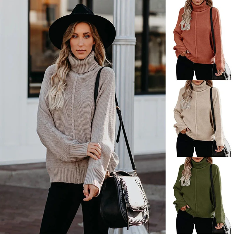 

2021autumn Winter Fashion Turtleneck Women's Loose Sweater Tops Casual Solid Long Sleeve Ladies Knitted Pullover Sweater Vintage