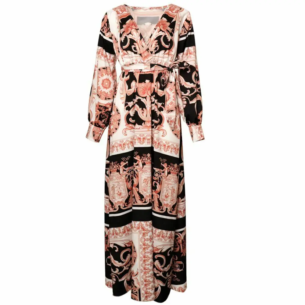 Женская одежда 2019 макси платья для женщин v-образным вырезом с длинным рукавом