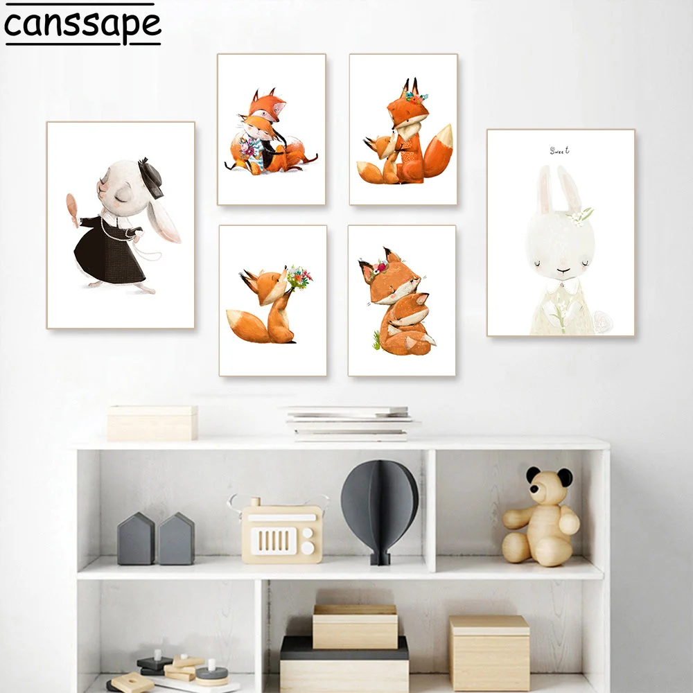 Картина на холсте с изображением мыши медведя кролика лисы постер для детской