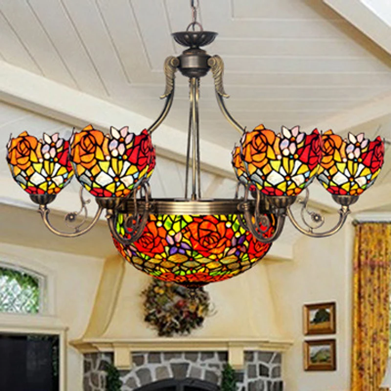 Люстра FUMAT светильник Tiffanylamp цветок розы витражное стекло подвесная потолочная