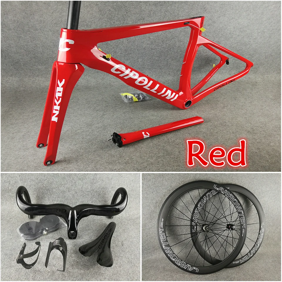 Красный с белым логотипом T1000 3K Cipollini NK1K карбоновые рамы для дорожного велосипеда, руль, седло для бутылки, клетки 50 мм, карбоновые колеса A271, ступицы