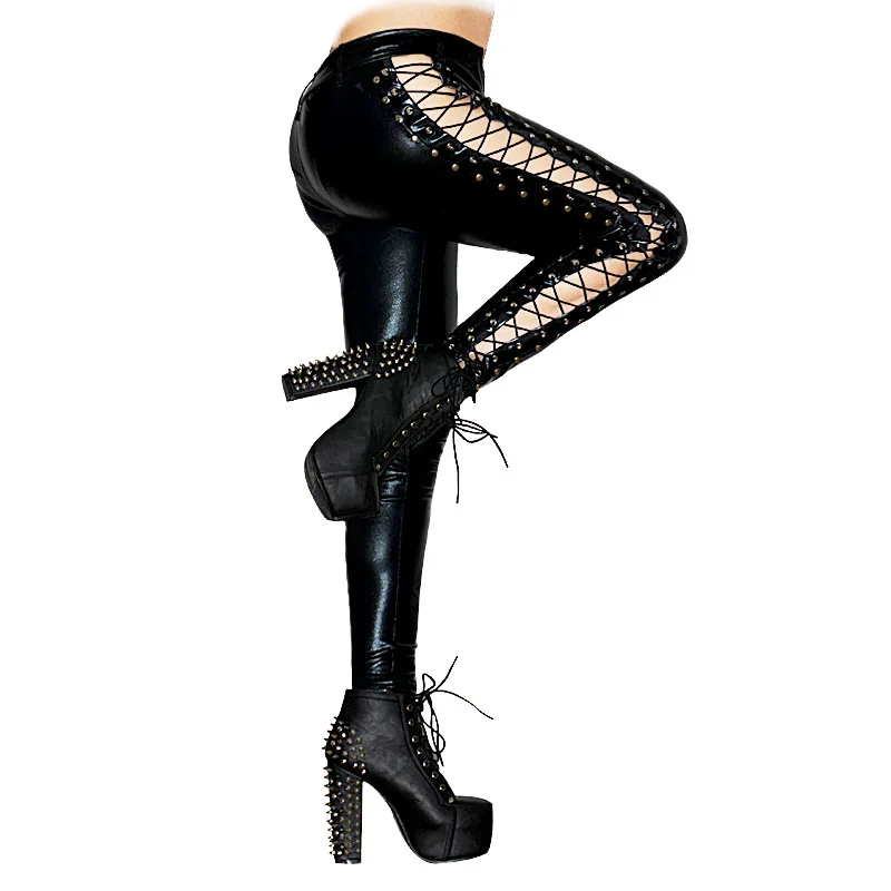 Womens Wet Look High Street Sexy Clubwear Moto Punk Leather Side Lace up Leggings Stretchy Skinny Pants Long Trousers