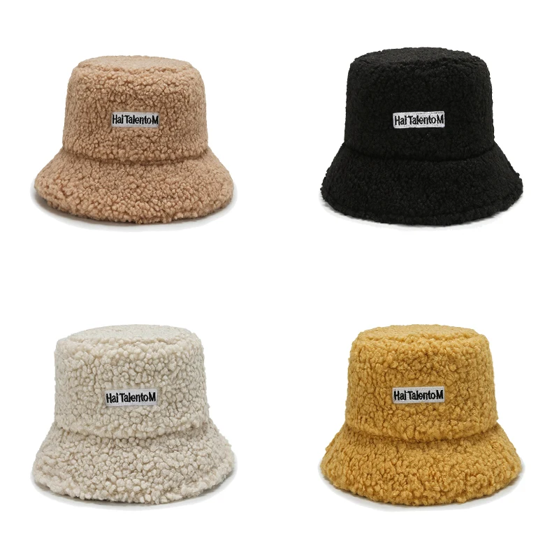 

Unisex Lamb Wool Faux Female Hat Fur Warm Female Hat Faux Fur Winter New Women's Bucket Hat Outdoor Sun Hat Panama Lady Hat