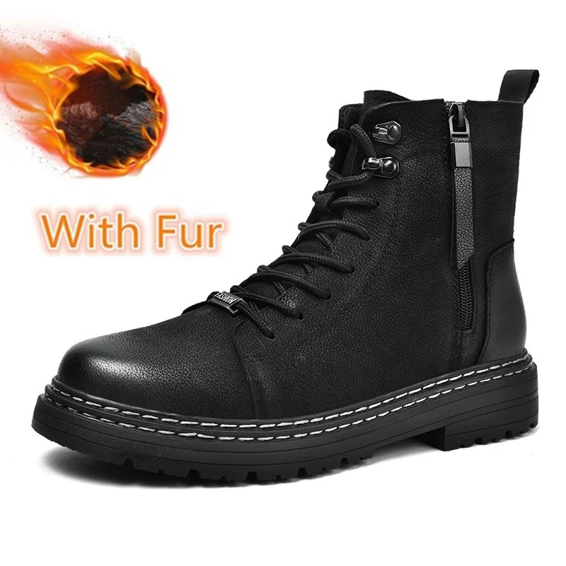 

New Trend Spring Autumn Boots Men Snow Boots Genuine Leather Mens Outdoor Boots Punk Motorcycle Man Shoes Thick Heel Adulto Shoe
