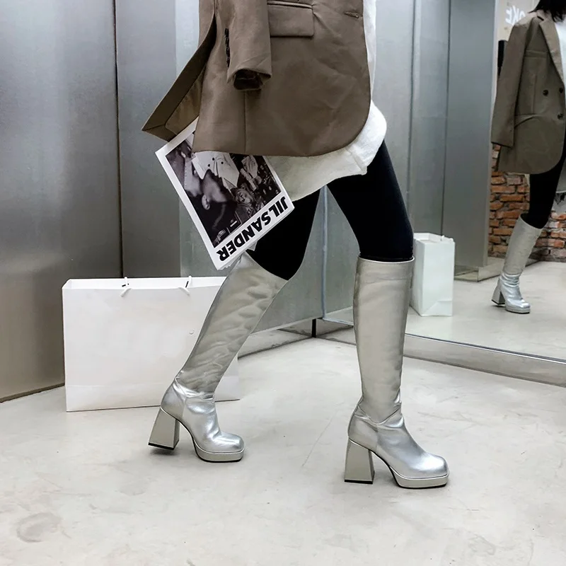 

autumn winter women ladies square toe platform boots high-heeled knee high heels waterproof chaussures femme brand boots woman