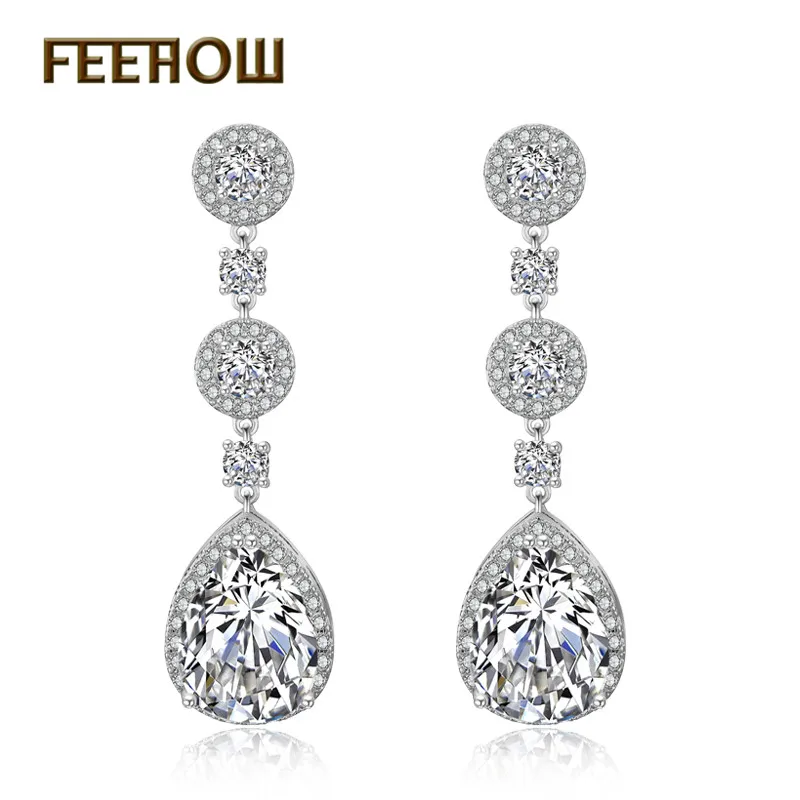 White FEEHOW, классические, прозрачные, AAA, кубический циркон, капля воды, длинные, модные серьги-подвески для женщин, для свадьбы, ужина, вечерние, ювелирные изделия, FWEP2008 - Окраска металла: White