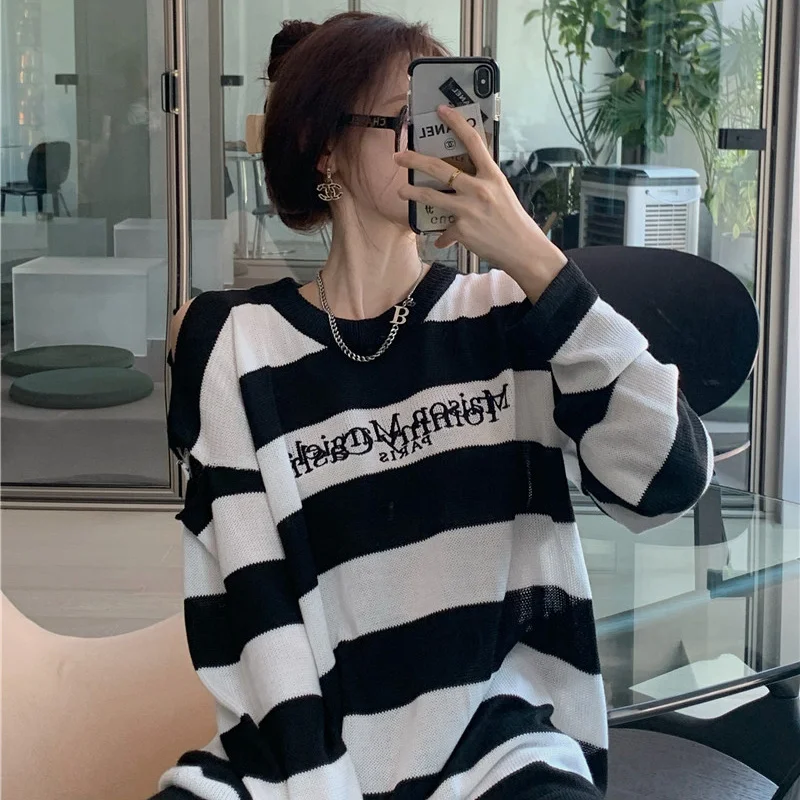 Женская свободная футболка средней длины Черно-Белая кофта с длинным рукавом и