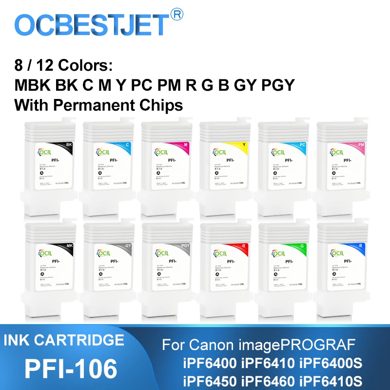 

PFI-106 Refillable Ink Cartridge With Permanent Chip For Canon iPF6400 iPF6400S iPF6400SE iPF6410 iPF6410S iPF6450 iPF6460 130ML