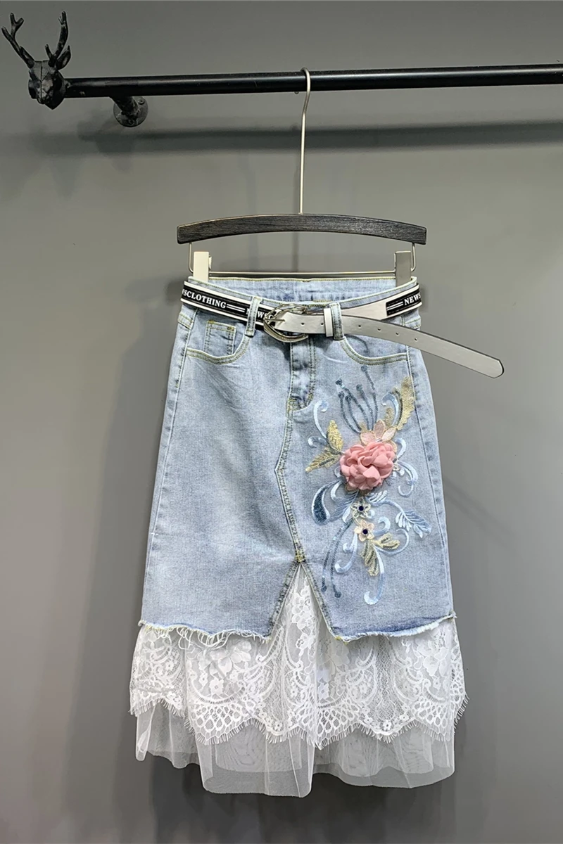 

Long Skirts Jeans Push-Up High-Waisted Embroidery LaceDenim Summer DM001