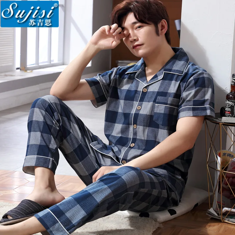 New men's spring and summer cotton short sleeve pants pajamas casual loose Plaid home wear set | Мужская одежда