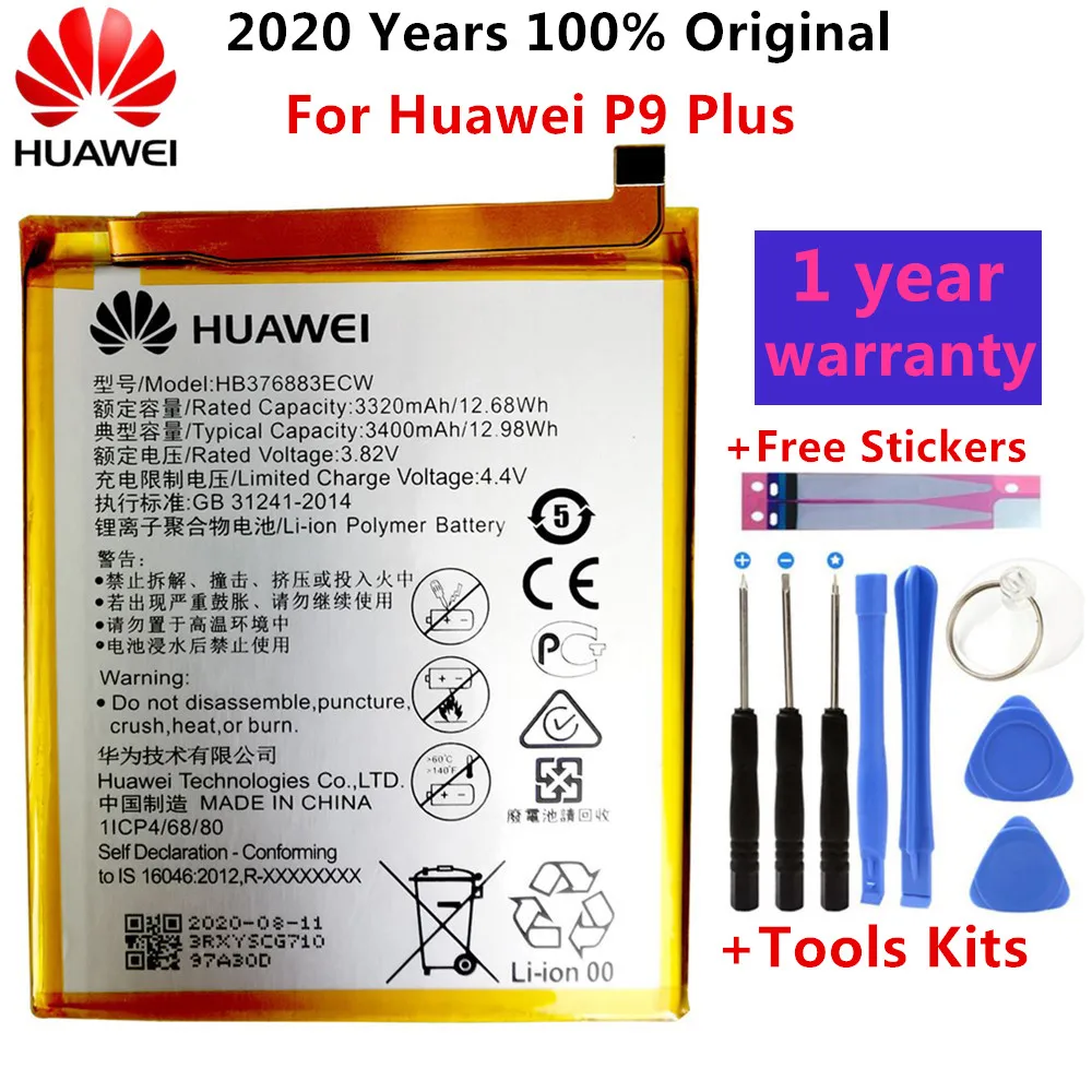 

Hua Wei Original Phone Battery HB376883ECW For Huawei Ascend P9 Plus VIE-AL10 3400mAh Replacement batteries Free Tools