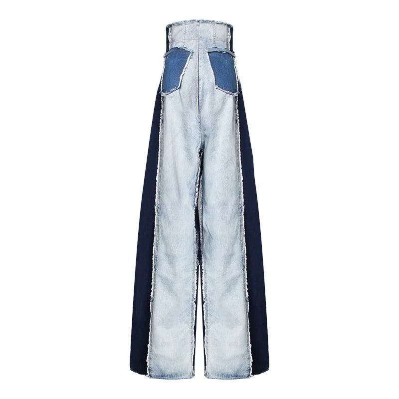 Женские джинсы с высокой талией [EAM] синие свободные брюки из денима контрастных