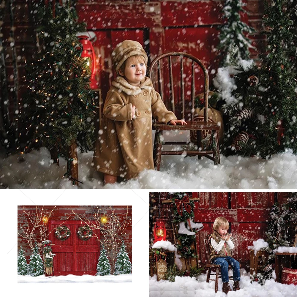 

Red Barn Wood Door Christmas Backdrop Photography Props Kids Baby Photos Winter Snowy Snowflake Trees Banner Portrait Background