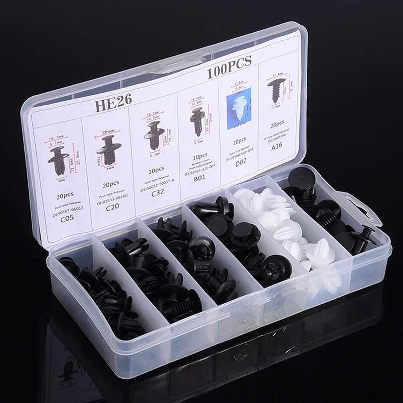 

100 шт., разные размеры, пластиковый автомобильный нажимной штырь, заклепка, зажим, бампер, дверная панель, фиксатор, комплект для Toyota, для Honda, для Hyundai