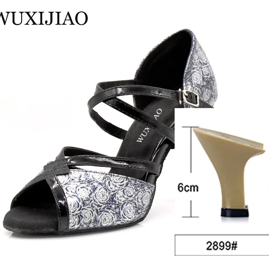 black heel 6cm WUXIJIAO розовый узор PU материал черные золотые латинские женские туфли для танцев сальса танцевальные вечерние со стразами Бальные Танцевальные Туфли 9 см - Цвет: black heel 6cm