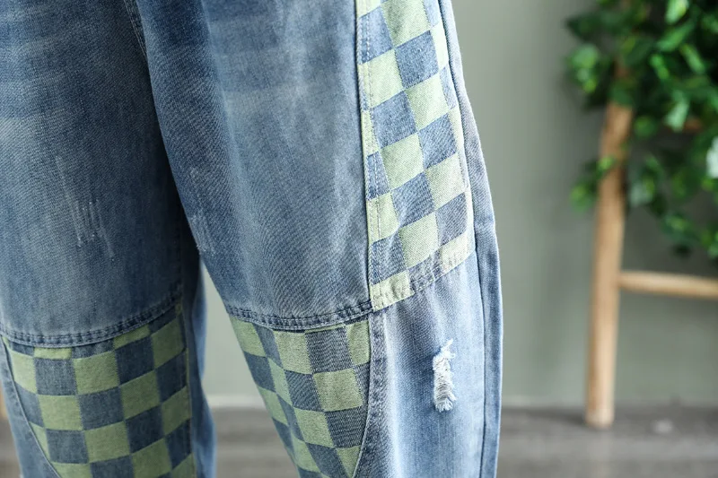 

Women Plaid Spring Summer Casual Fashion Jeans Elastic Waist Vintage Denim Pants with Pockets