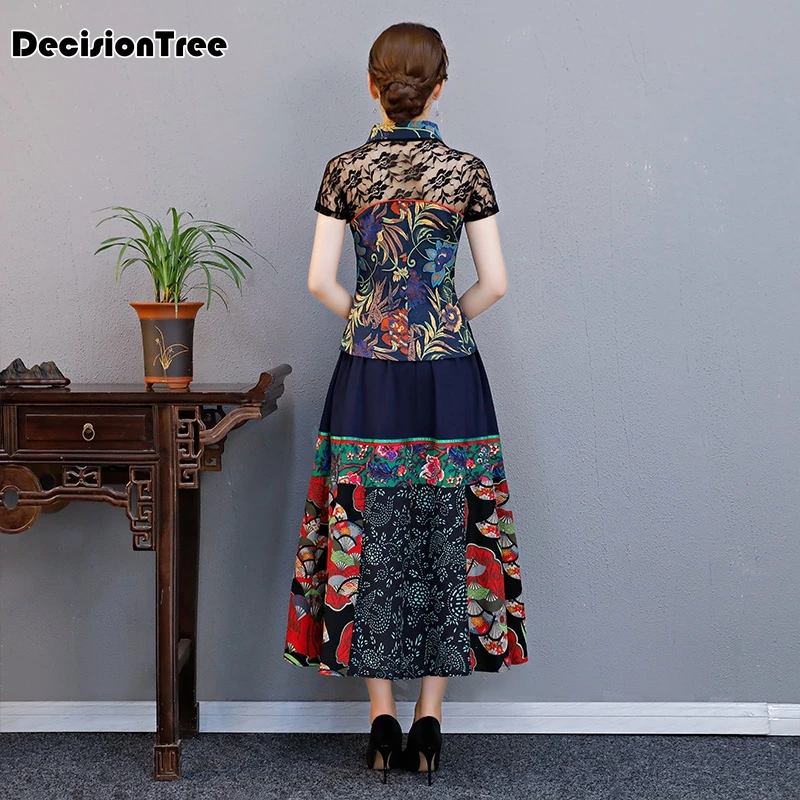 Элегантные ретро китайские женские cheongsam топы Вышитые Печатные Топы Ципао традиционные классические кружевные рукава кофточка Ципао