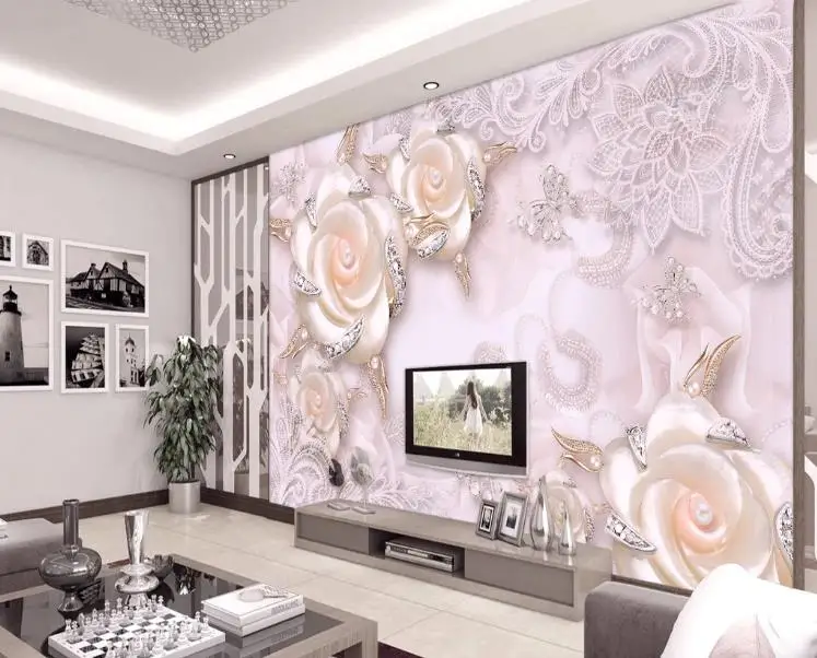 

Modern Pink pearl flower jewelry Mural Wallpaper 3d For Living Room Sofa TV Background Home Decor Customized Wallpaper sticker