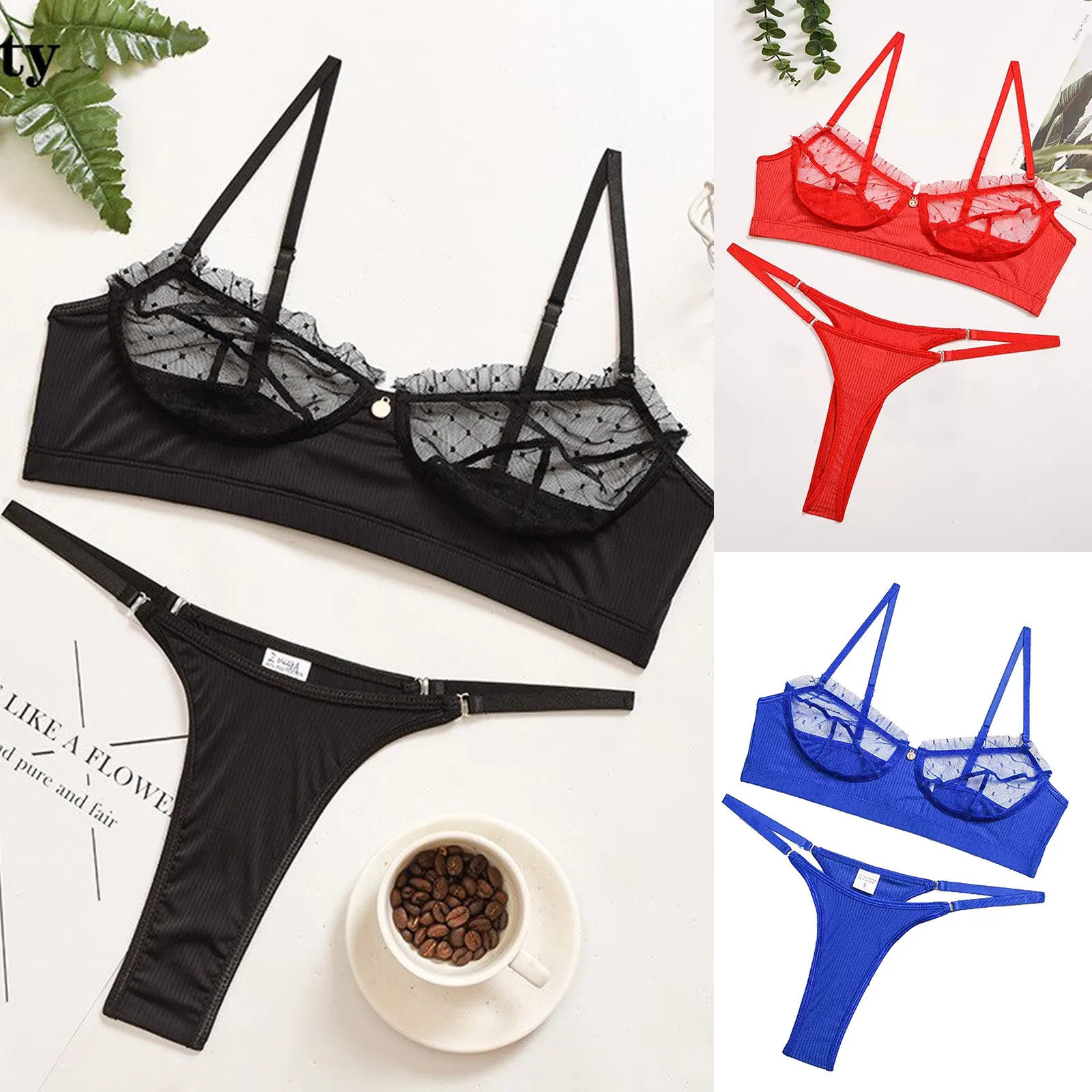 

2021 Ladies Sexy Lingerie Set Low Waist G-String Thong Bra Dot Print Lace Perspective Lace Stitching Women's Underwear Pajamas