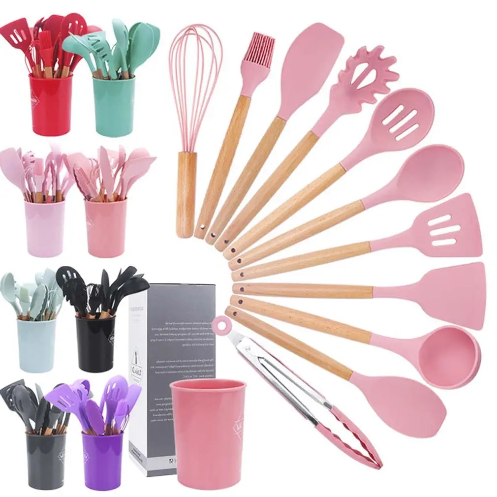 

12PCS Silicone Wooden Cooking Kitchenware Set Non-stick Cookware Utensil Spatula Soup Spoon Brush Ladle Colander Kitchen Tools