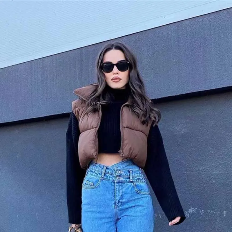 

KRSB Autumn Women Za Fashion Brown Cropped Vest Coat Female Stand Collar Zipper Waistcoat High Street Ladies Casual Outerwear