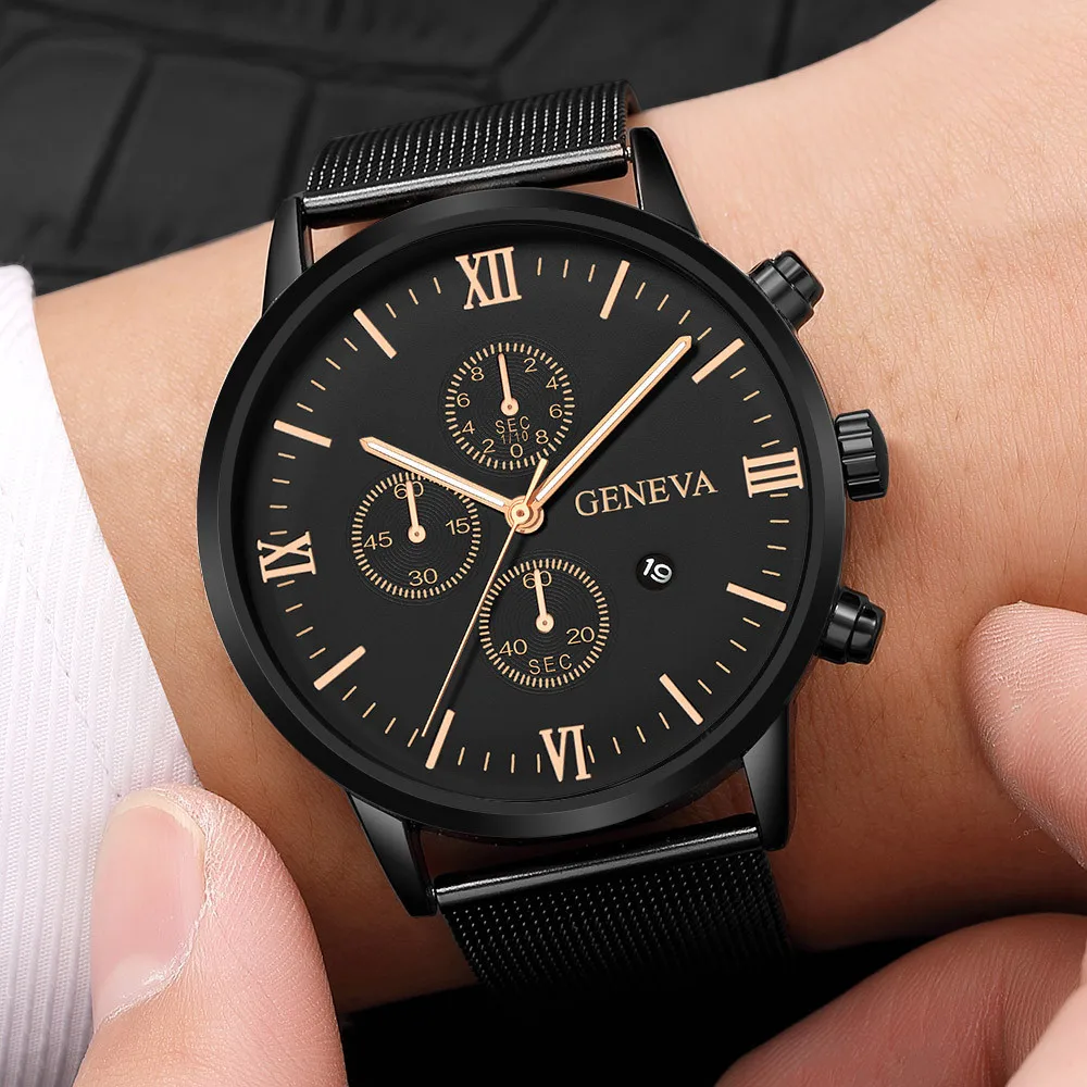 

GENEVA Watch Men Fashion Stainless Steel Men Military Sport Analog Quartz Wrist Watch With Calendar Male Clock relogio masculino